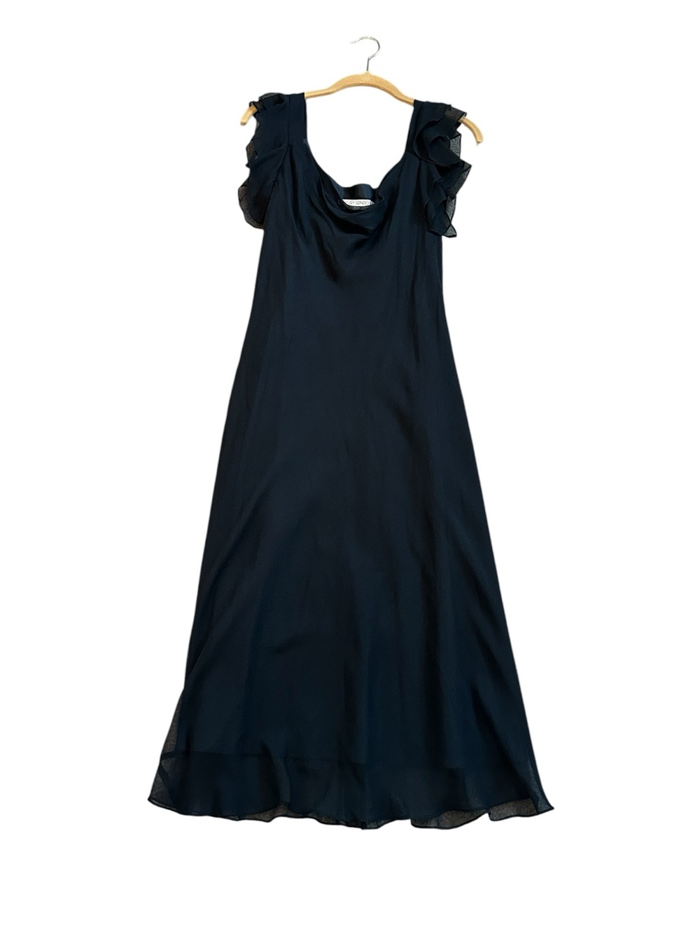 Vintage Maggy London Black Silk Midi Dress Cowl Neck Ruffle Sleeve LBD Party
